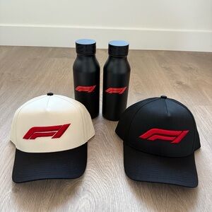 🆕 F1 Formula 1 Black, Cream & Red Unisex Hats & 2 Stainless Steel Bottles